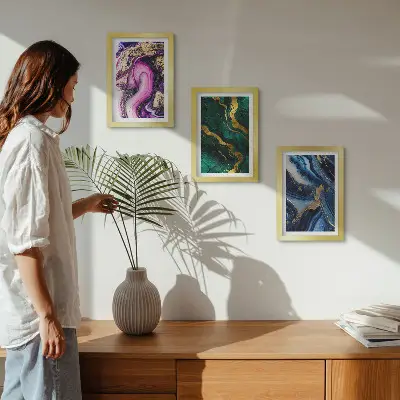 Set 3 tablouri cu modele abstracte în nuanțe de roz, verde și albastru
