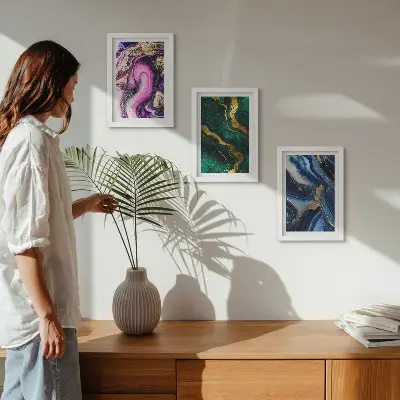 Set 3 tablouri cu modele abstracte în nuanțe de roz, verde și albastru