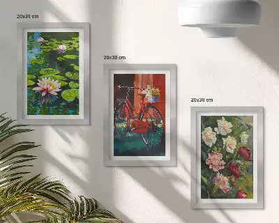 Galerie de perete cu motive de crini pe apă, bicicletă în grădină și flori colorate