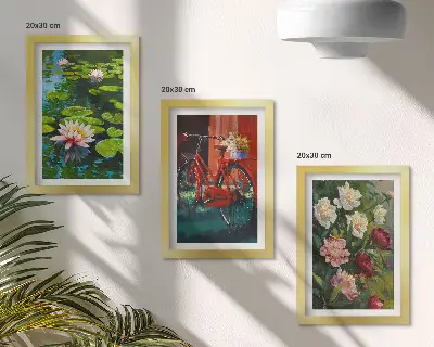 Galerie de perete cu motive de crini pe apă, bicicletă în grădină și flori colorate