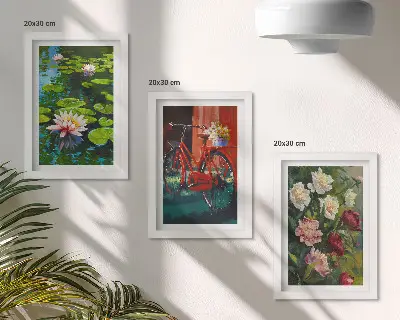 Galerie de perete cu motive de crini pe apă, bicicletă în grădină și flori colorate