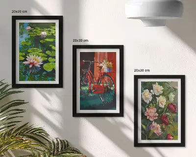 Galerie de perete cu motive de crini pe apă, bicicletă în grădină și flori colorate