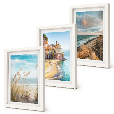 Set 3 tablouri Peisaje de coastă cu plajă, oraș și stânci