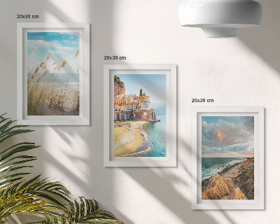 Set 3 tablouri Peisaje de coastă cu plajă, oraș și stânci