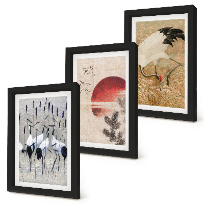 Set 3 tablouri Ilustrații de macara japoneză peisaj japandi