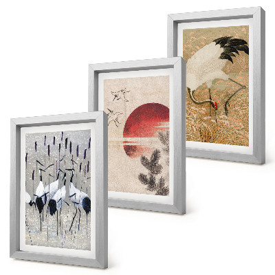 Set 3 tablouri Ilustrații de macara japoneză peisaj japandi