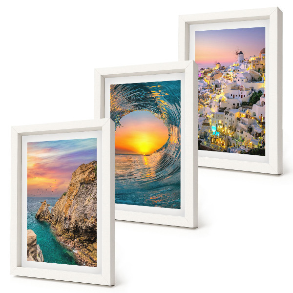 Set 3 tablouri Vederi ale mării, valurilor și caselor albe din Santorini, Grecia
