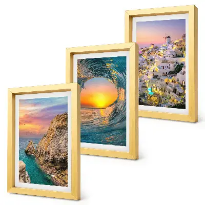 Set 3 tablouri cu vederi ale mării, valurilor și caselor albe din Santorini, Grecia