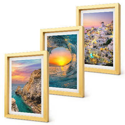 Set 3 tablouri Vederi ale mării, valurilor și caselor albe din Santorini, Grecia