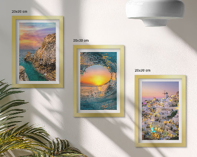 Set 3 tablouri Vederi ale mării, valurilor și caselor albe din Santorini, Grecia