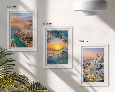 Set 3 tablouri Vederi ale mării, valurilor și caselor albe din Santorini, Grecia