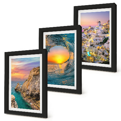 Set 3 tablouri Vederi ale mării, valurilor și caselor albe din Santorini, Grecia