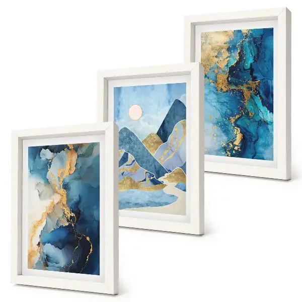 Set 3 tablouri cu peisaj montan în nuanțe de albastru și elemente abstracte