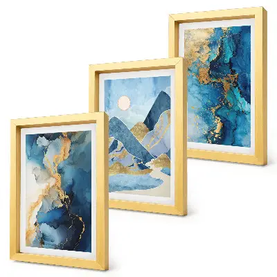 Set 3 tablouri cu peisaj montan în nuanțe de albastru și elemente abstracte