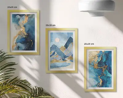 Set 3 tablouri cu peisaj montan în nuanțe de albastru și elemente abstracte