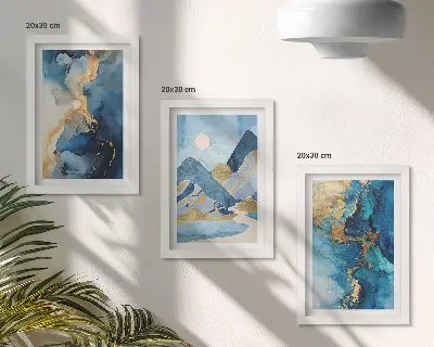 Set 3 tablouri cu peisaj montan în nuanțe de albastru și elemente abstracte