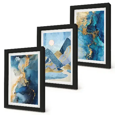 Set 3 tablouri cu peisaj montan în nuanțe de albastru și elemente abstracte