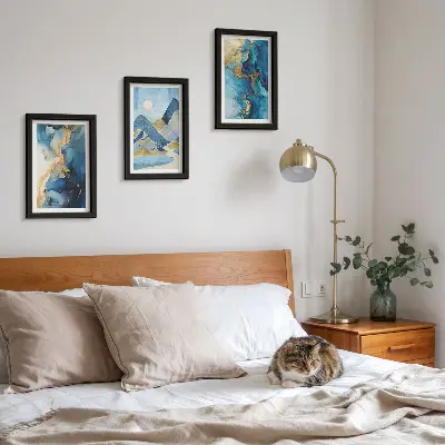 Set 3 tablouri cu peisaj montan în nuanțe de albastru și elemente abstracte