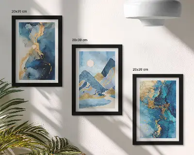 Set 3 tablouri cu peisaj montan în nuanțe de albastru și elemente abstracte