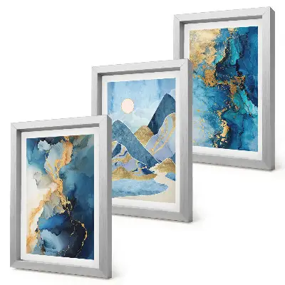 Set 3 tablouri cu peisaj montan în nuanțe de albastru și elemente abstracte