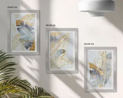 Set de 3 tablouri cu frunze în nuanțe de albastru și bej pe fundal deschis