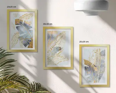 Set de 3 tablouri cu frunze în nuanțe de albastru și bej pe fundal deschis