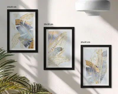 Set de 3 tablouri cu frunze în nuanțe de albastru și bej pe fundal deschis