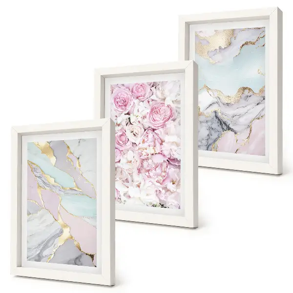 Set de 3 tablouri cu model floral roz și aspect de marmură pastel