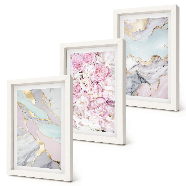 Set 3 tablouri Flori roz cu modele din marmură și pastel