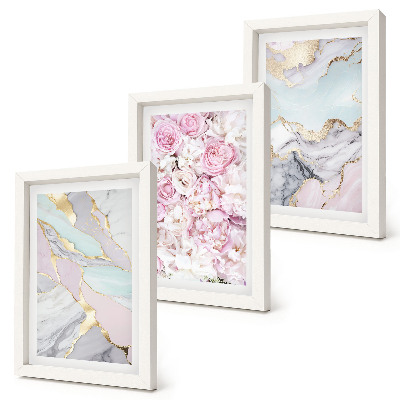 Set 3 tablouri Flori roz cu modele din marmură și pastel