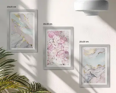 Set de 3 tablouri cu model floral roz și aspect de marmură pastel