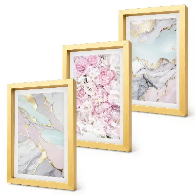 Set de 3 tablouri cu model floral roz și aspect de marmură pastel