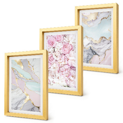 Set 3 tablouri Flori roz cu modele din marmură și pastel