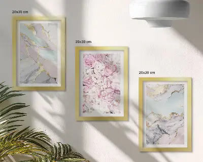 Set de 3 tablouri cu model floral roz și aspect de marmură pastel