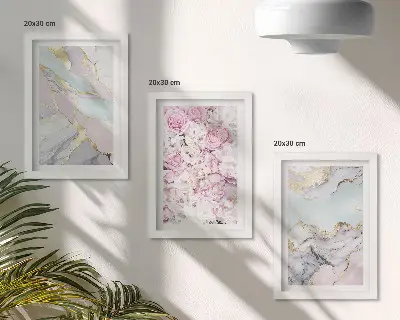 Set de 3 tablouri cu model floral roz și aspect de marmură pastel