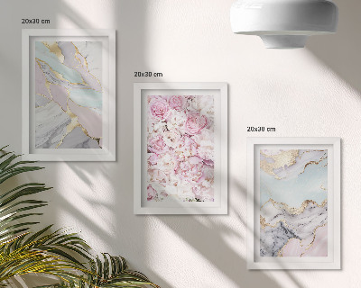 Set 3 tablouri Flori roz cu modele din marmură și pastel