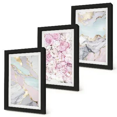 Set de 3 tablouri cu model floral roz și aspect de marmură pastel