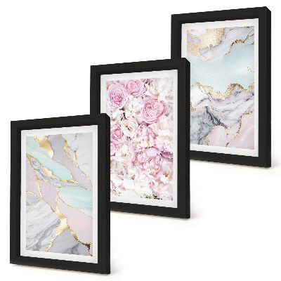 Set 3 tablouri Flori roz cu modele din marmură și pastel