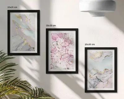 Set de 3 tablouri cu model floral roz și aspect de marmură pastel