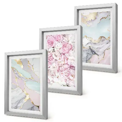 Set de 3 tablouri cu model floral roz și aspect de marmură pastel