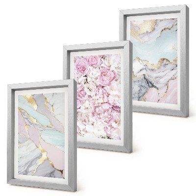 Set 3 tablouri Flori roz cu modele din marmură și pastel