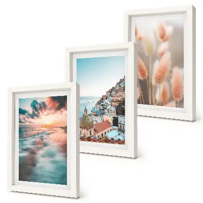 Set de 3 tablouri apus de soare cu vedere la mare, case colorate și flori