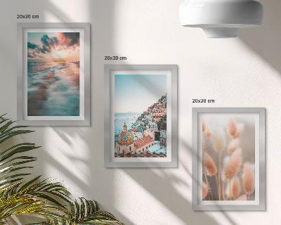 Set 3 tablouri Apus de soare cu vedere la mare, case colorate, flori