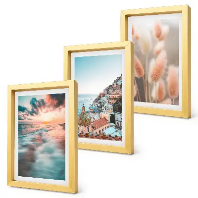 Set de 3 tablouri apus de soare cu vedere la mare, case colorate și flori