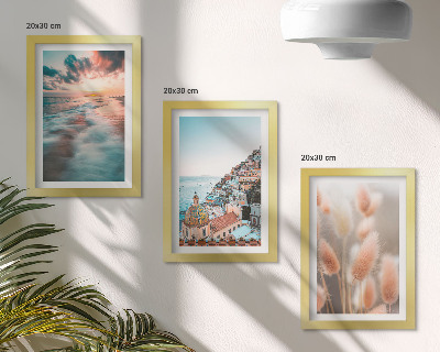 Set 3 tablouri Apus de soare cu vedere la mare, case colorate, flori