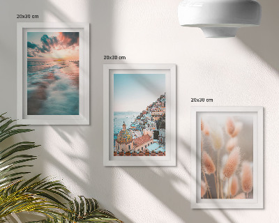 Set 3 tablouri Apus de soare cu vedere la mare, case colorate, flori
