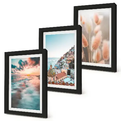 Set de 3 tablouri apus de soare cu vedere la mare, case colorate și flori