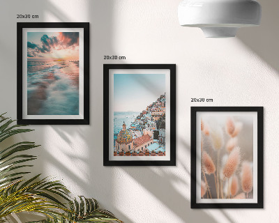 Set 3 tablouri Apus de soare cu vedere la mare, case colorate, flori