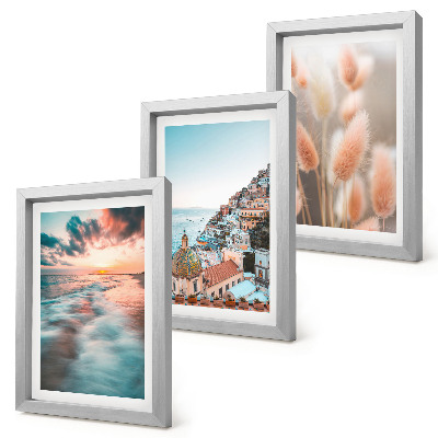 Set 3 tablouri Apus de soare cu vedere la mare, case colorate, flori