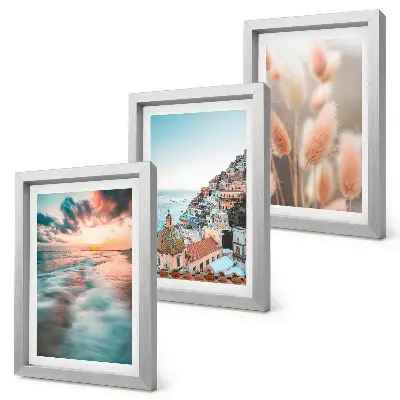 Set de 3 tablouri apus de soare cu vedere la mare, case colorate și flori